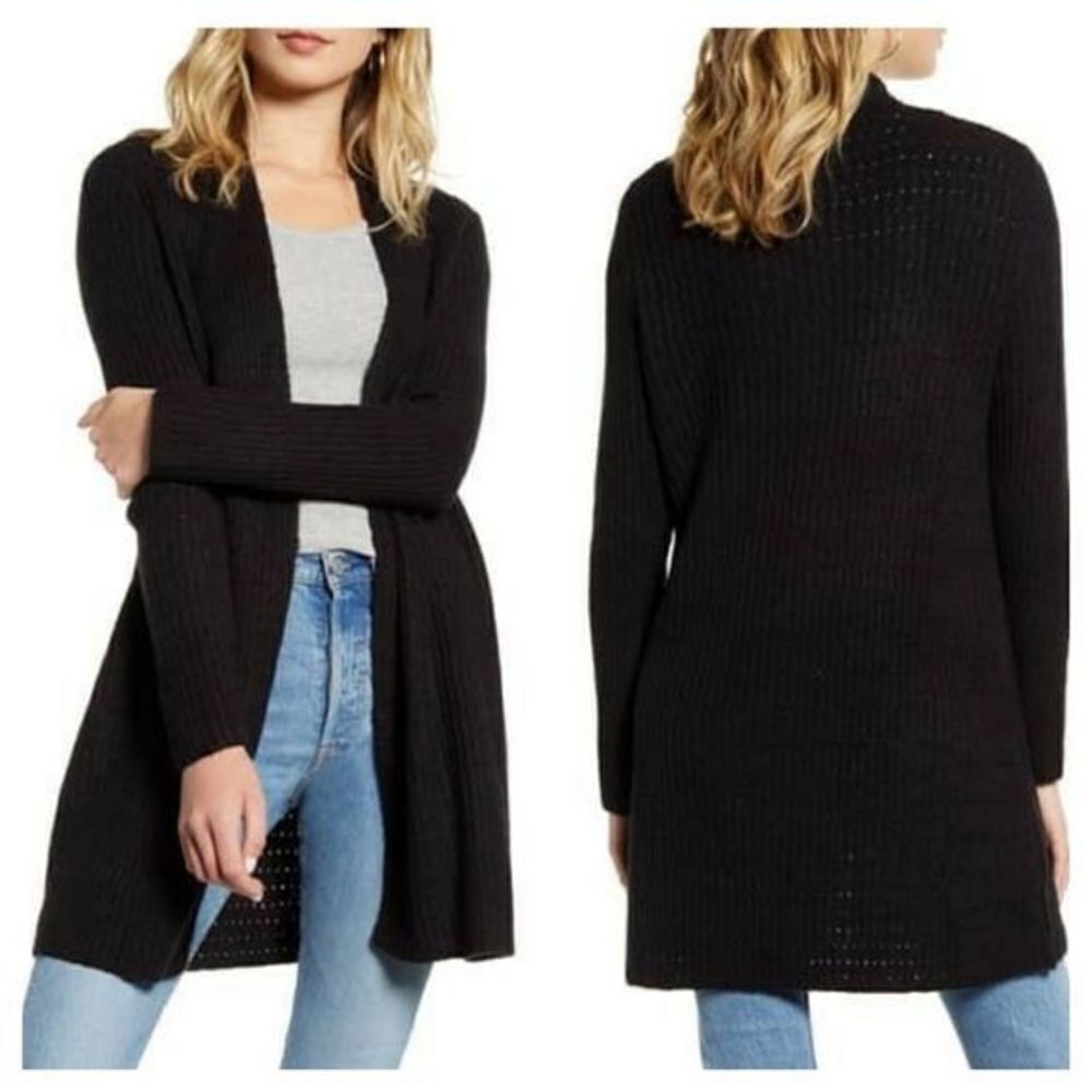 Woven Heart Waffle Stitch Cardigan in Black
